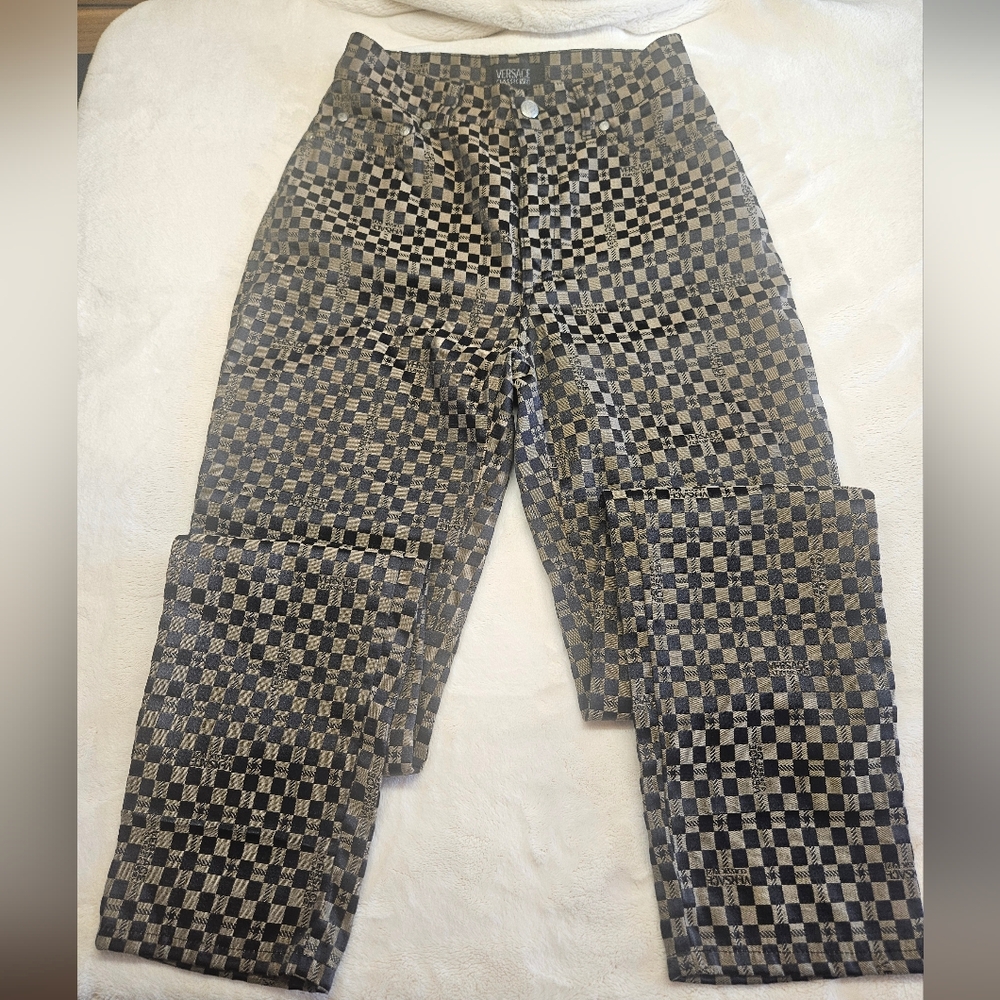 VTG Versace Brown Monogram Satin Like High Waist Polyester Pants Jeans W28 L30